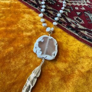 Neutral White Agate Pendant Necklace with Gold Leaf Tassel handmade by Gypsy